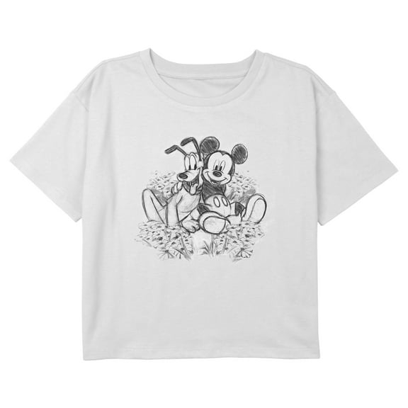Girl's Mickey & Friends Best Friends Pluto and Mickey Sketch Graphic Cropped T-Shirt White Small