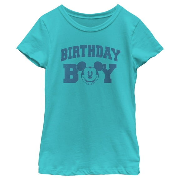 Girl's Mickey & Friends Birthday Boy Happy Face  Graphic Tee Tahiti Blue Small