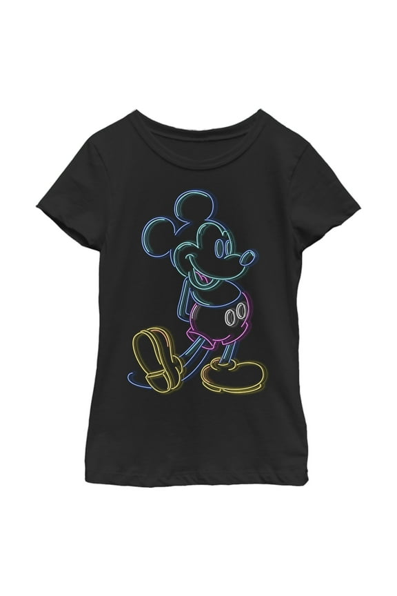 Girl's Mickey & Friends Bright Neon Mickey Mouse Outline Graphic Tee Black Medium