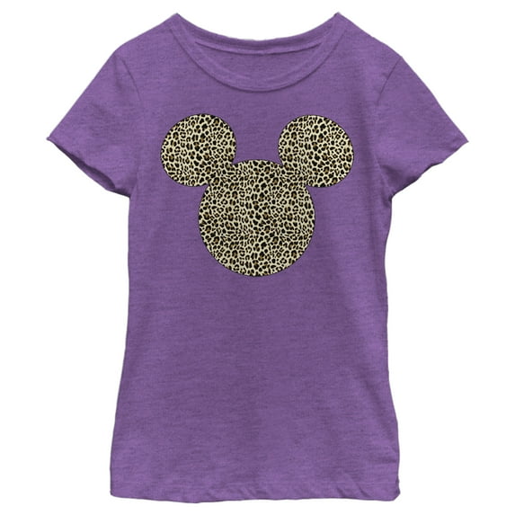 Girl's Mickey & Friends Cheetah Print Mickey Mouse Logo Graphic Tee Purple Berry Small