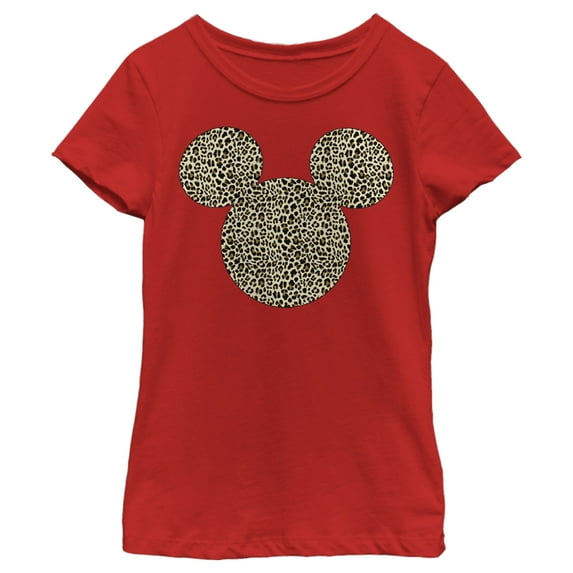Girl's Mickey & Friends Cheetah Print Mickey Mouse Logo Graphic Tee Red Small