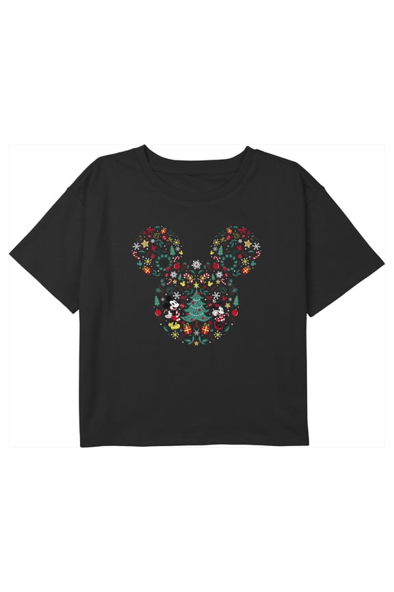 Girl's Mickey & Friends Christmas Mickey and Minnie Collage Graphic Cropped T-Shirt Black Medium