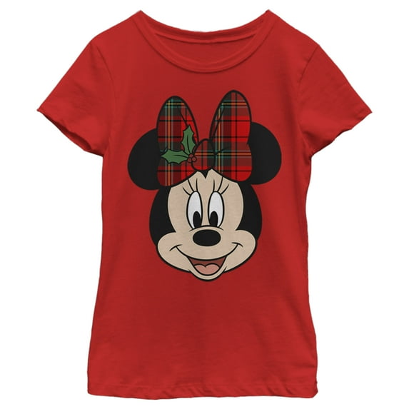 Girl's Mickey & Friends Christmas Minnie Mouse Holly Plaid Bow Graphic Tee Red Small