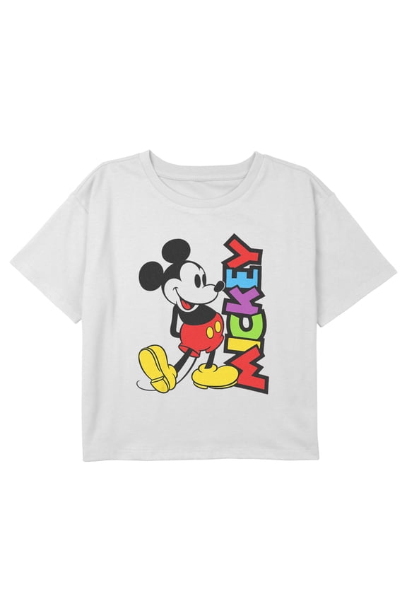 Girl's Mickey & Friends Colorful Character Name Graphic Cropped T-Shirt White Small