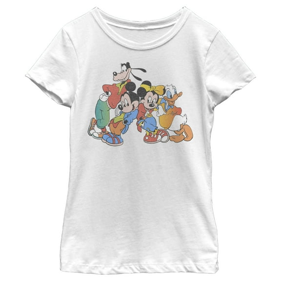 Girl's Mickey & Friends Colorful Group Shot Distressed  Graphic Tee White Small