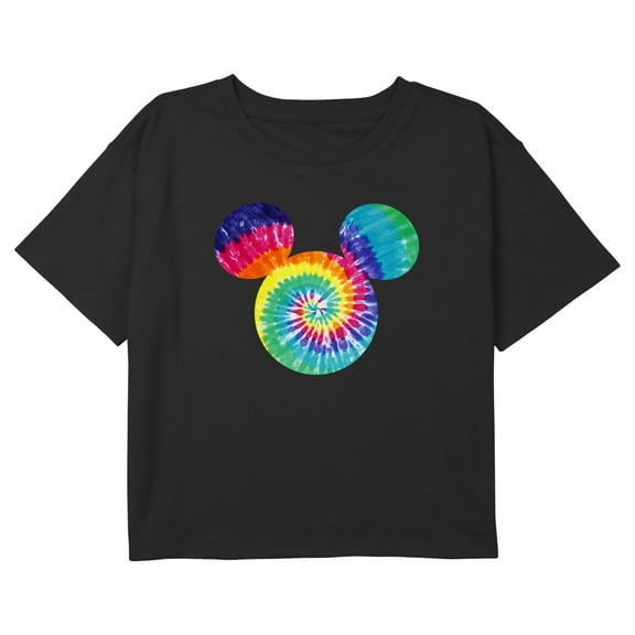 Girl's Mickey & Friends Colorful Tie-Dye Mickey Mouse Logo Graphic Cropped T-Shirt Black Medium