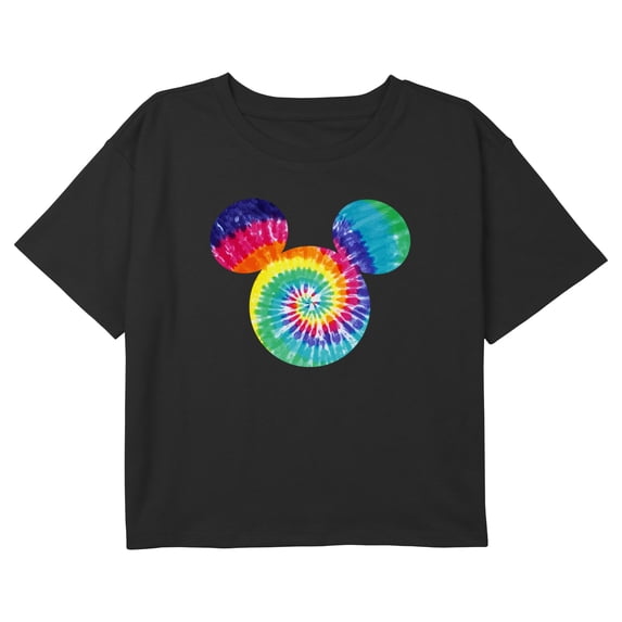 Girl's Mickey & Friends Colorful Tie-Dye Mickey Mouse Logo Graphic Cropped T-Shirt Black X Small