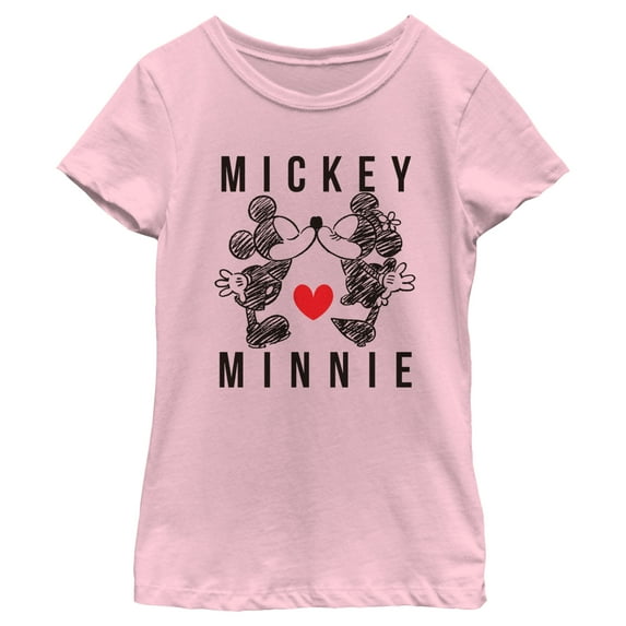 Girl's Mickey & Friends Couple Sketch Kiss Graphic Tee Light Pink Medium