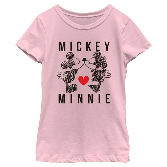 Girl's Mickey & Friends Couple Sketch Kiss  Graphic Tee Light Pink X Small