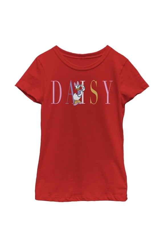 Girl's Mickey & Friends Daisy Duck Rainbow Name Graphic Tee Red Medium