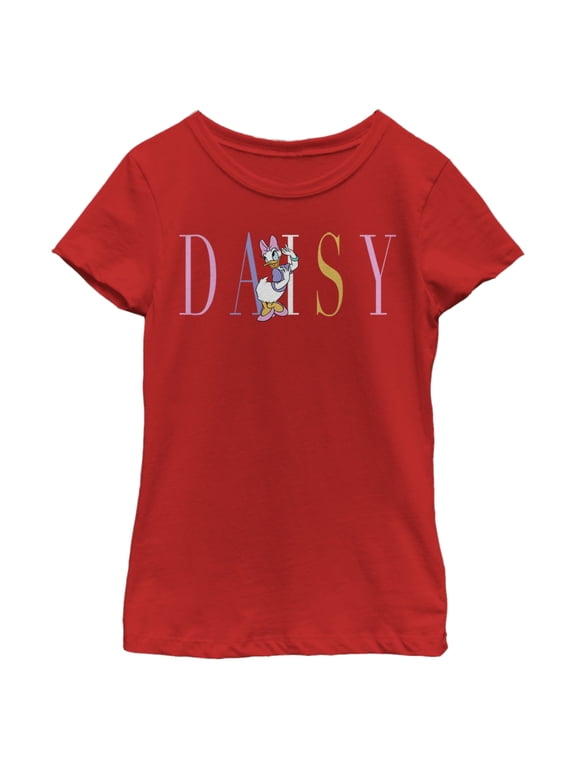 Girl's Mickey & Friends Daisy Duck Rainbow Name Graphic Tee Red Medium