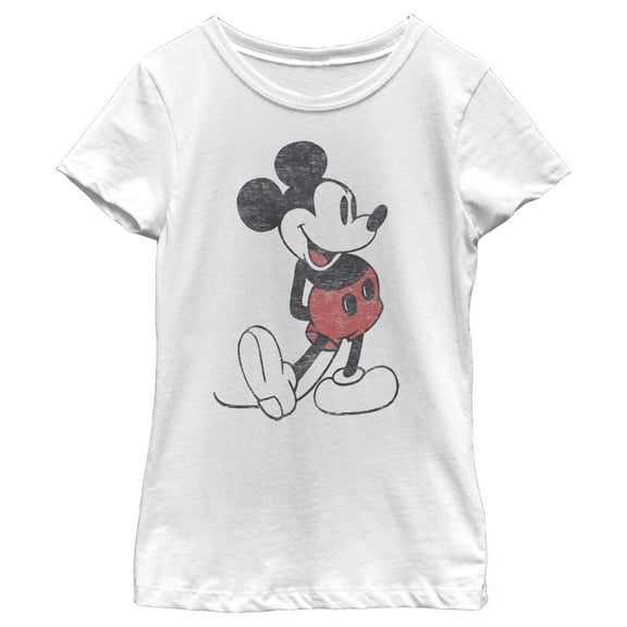Girl's Mickey & Friends Distressed Mickey Mouse Pose  Graphic Tee White Medium