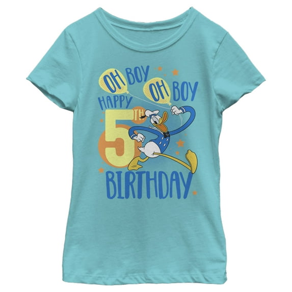 Girl's Mickey & Friends Donald Duck Oh Boy Happy 5th Birthday Graphic Tee Tahiti Blue Small