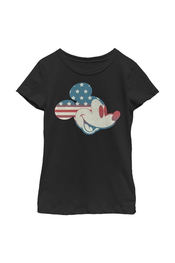 Girl's Mickey & Friends Fourth of July Mickey Mouse Face Graphic Tee Black Small