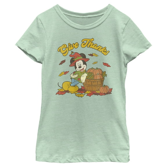 Girl's Mickey & Friends Give Thanks Scarecrow Mickey Graphic Tee Mint Medium