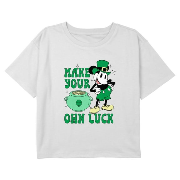 Girl's Mickey & Friends Green Your Own Luck Graphic Cropped T-Shirt