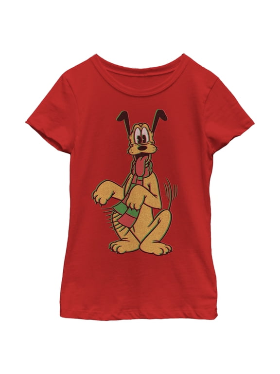 Girl's Mickey & Friends Happy Tail Pluto Holiday Graphic Tee Red Large
