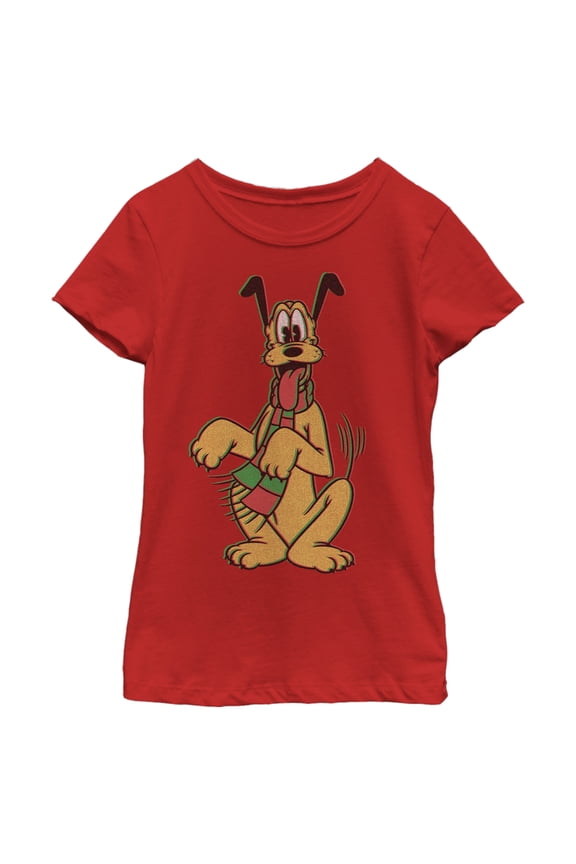 Girl's Mickey & Friends Happy Tail Pluto Holiday Graphic Tee Red Large