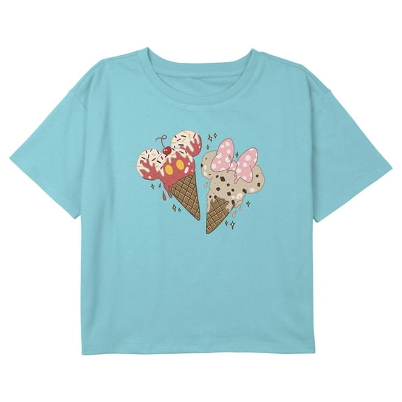 Girl's Mickey & Friends Ice Cream Couple Graphic Cropped T-Shirt Blue X Small