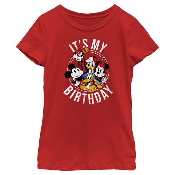 Girl's Mickey & Friends It's My Birthday Group Shot Graphic Tee Red Large