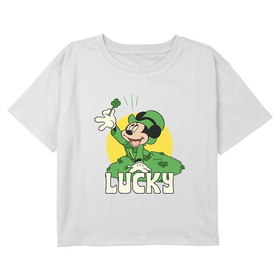 Girl's Mickey & Friends Lucky Clover Field Graphic Cropped T-Shirt