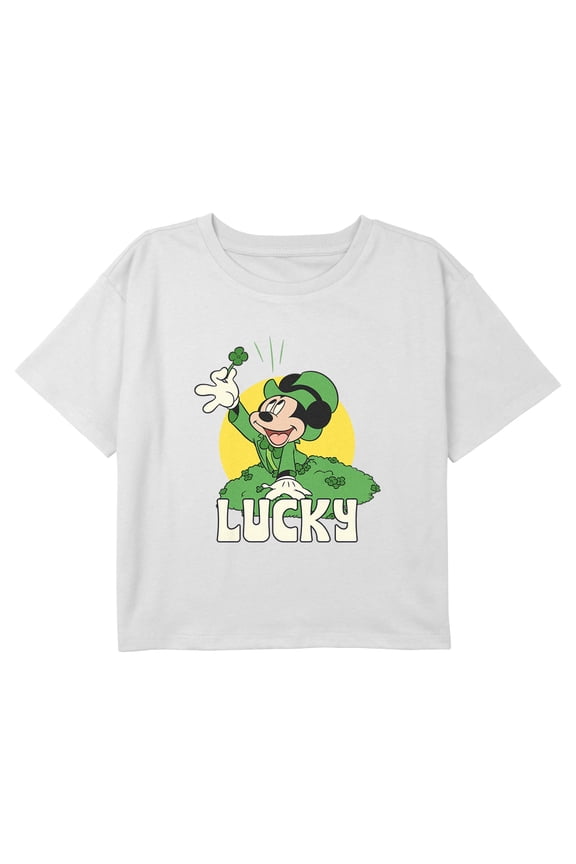 Girl's Mickey & Friends Lucky Clover Field Graphic Cropped T-Shirt