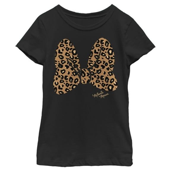 Girl's Mickey & Friends Mickey & Minnie Mouse Cheetah Print Bow Signature Graphic Tee Black X Large