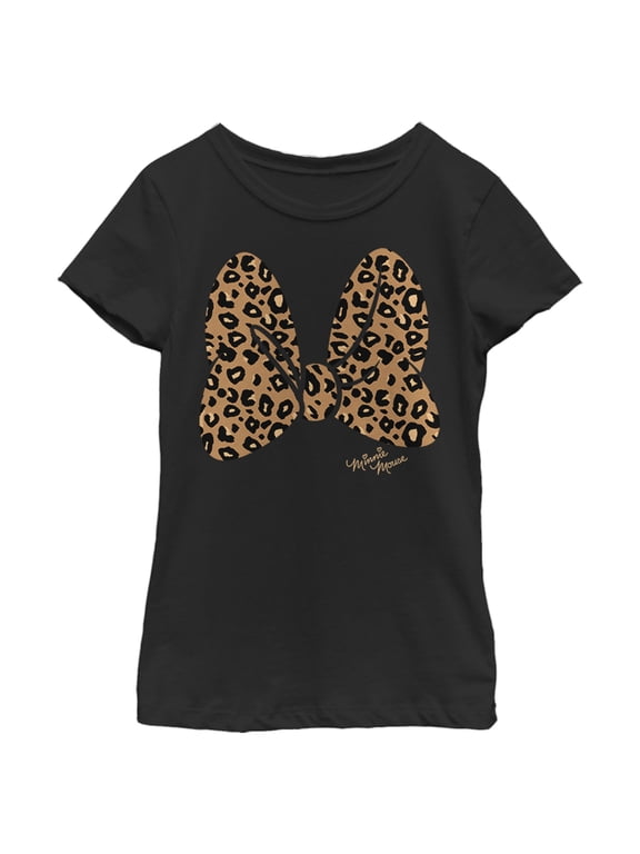 Girl's Mickey & Friends Mickey & Minnie Mouse Cheetah Print Bow Signature Graphic Tee Black X Large