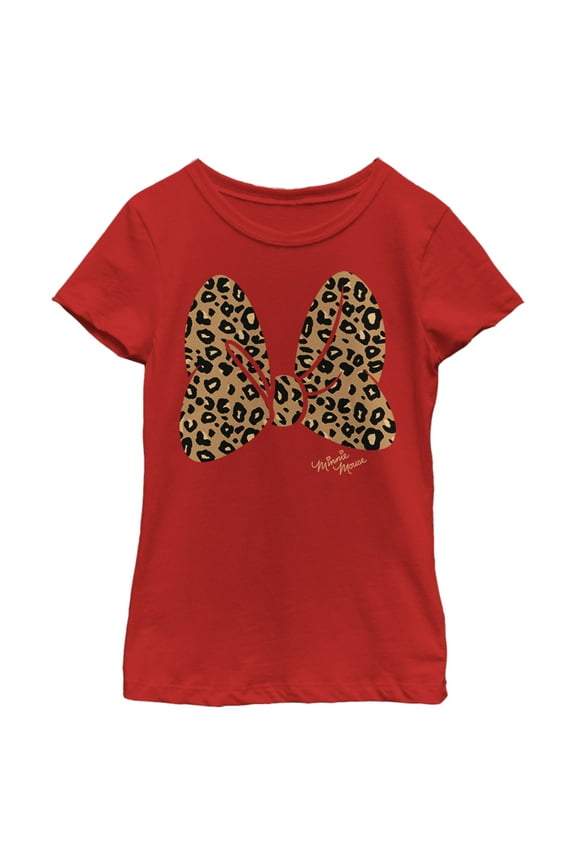 Girl's Mickey & Friends Mickey & Minnie Mouse Cheetah Print Bow Signature Graphic Tee Red Small