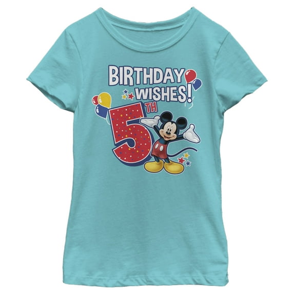 Girl's Mickey & Friends Mickey Mouse 5th Birthday Wishes Graphic Tee Tahiti Blue Small