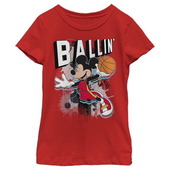 Girl's Mickey & Friends Mickey Mouse Ballin' Graphic Tee Red Small