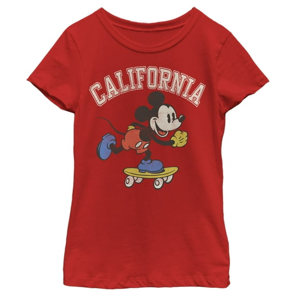Girl's Mickey & Friends Mickey Mouse California Skateboard  Graphic Tee Red Medium