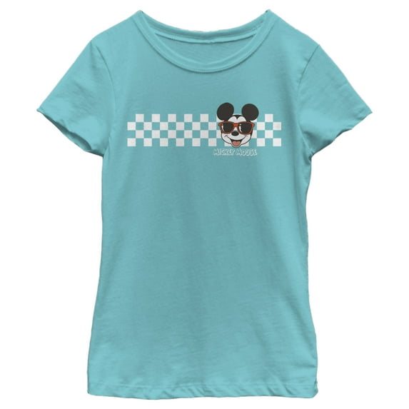 Girl's Mickey & Friends Mickey Mouse Checkers Graphic Tee Tahiti Blue Medium