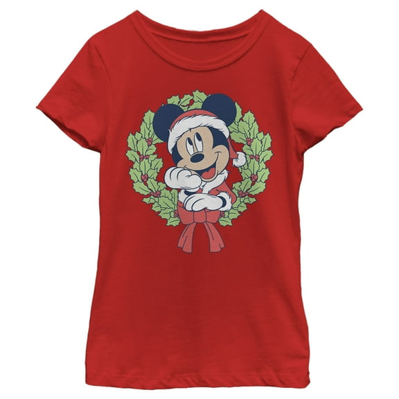 Girl's Mickey & Friends Mickey Mouse Christmas Wreath  Graphic Tee Red Medium