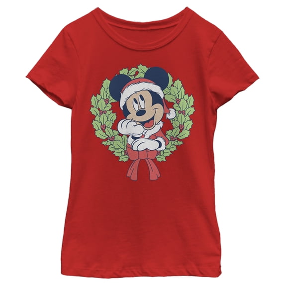 Girl's Mickey & Friends Mickey Mouse Christmas Wreath Graphic Tee Red Small