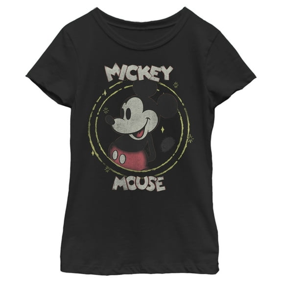 Girl's Mickey & Friends Mickey Mouse Classic Circle Distressed  Graphic Tee Black Medium