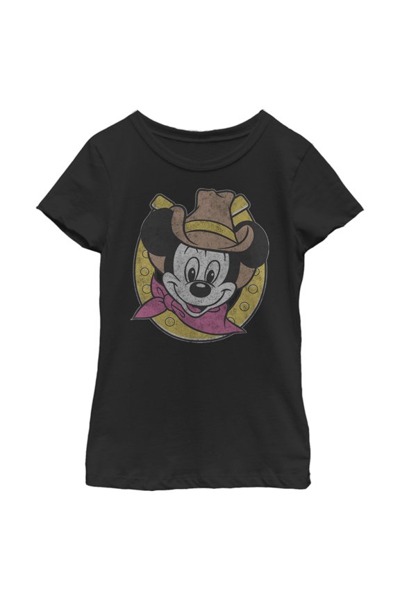 Girl's Mickey & Friends Mickey Mouse Cowboy Distressed Graphic Tee Black Large