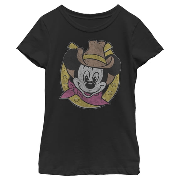 Girl's Mickey & Friends Mickey Mouse Cowboy Distressed Graphic Tee Black Small