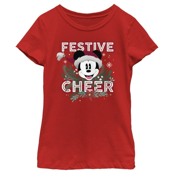 Girl's Mickey & Friends Mickey Mouse Festive Cheer Graphic Tee Red Large