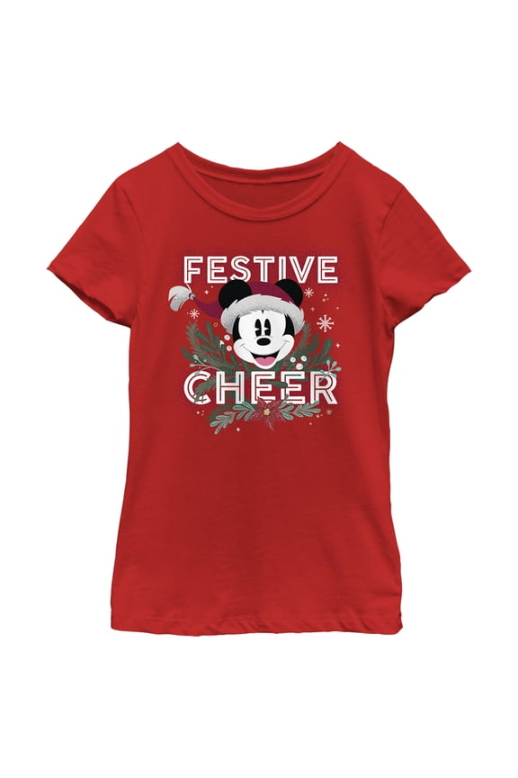 Girl's Mickey & Friends Mickey Mouse Festive Cheer  Graphic Tee Red Small