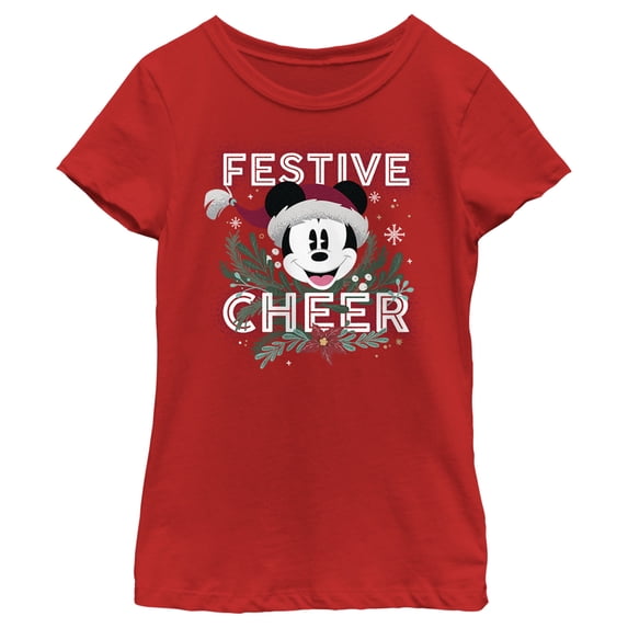 Girl's Mickey & Friends Mickey Mouse Festive Cheer Graphic Tee Red X Small