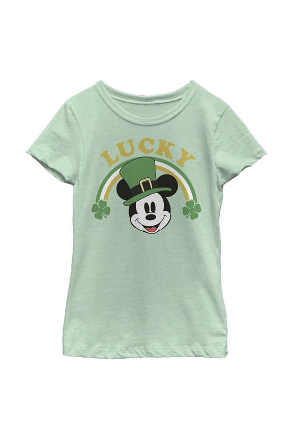 Girl's Mickey & Friends Mickey Mouse Lucky Rainbow  Graphic Tee Mint Large