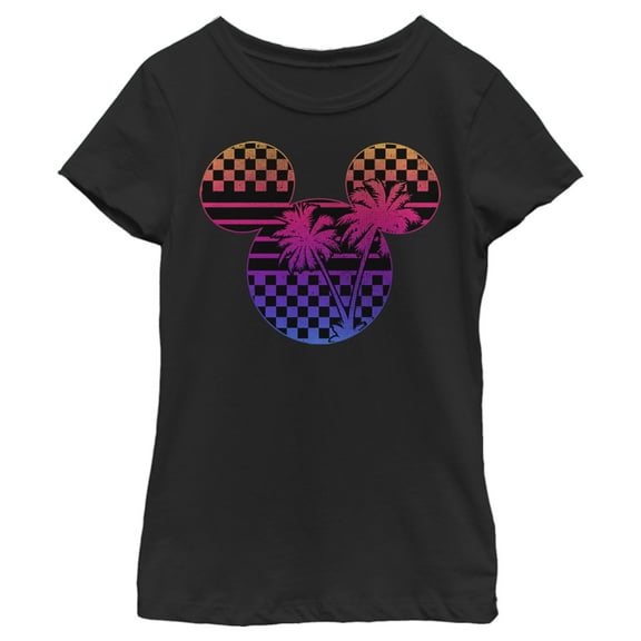 Girl's Mickey & Friends Mickey Mouse Neon Palm Trees Silhouette  Graphic Tee Black Large