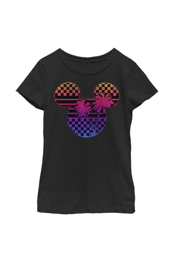 Girl's Mickey & Friends Mickey Mouse Neon Palm Trees Silhouette Graphic Tee Black Large