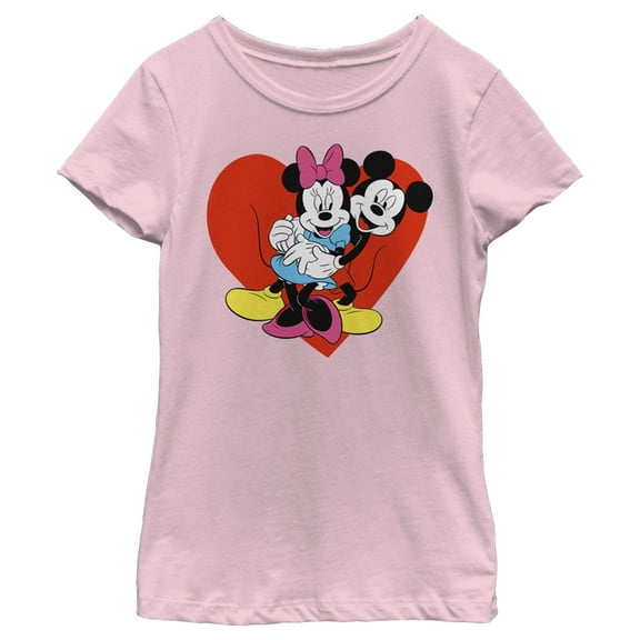 Girl's Mickey & Friends Mickey and Minnie Hugging Hearts  Graphic Tee Light Pink X Large
