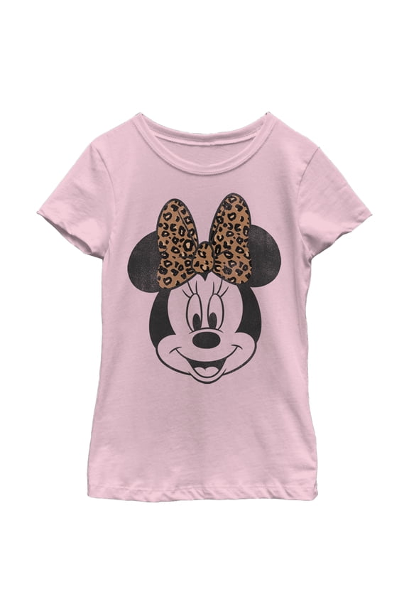 Girl's Mickey & Friends Minnie Mouse Cheetah Print Bow Graphic Tee Light Pink Large