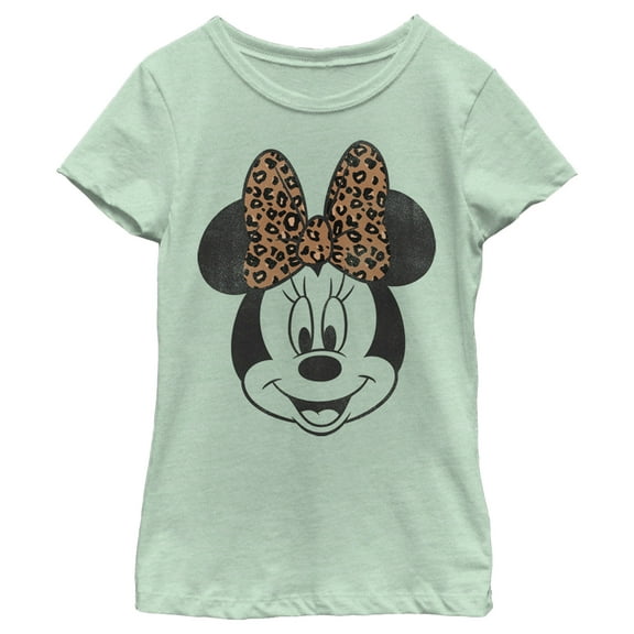 Girl's Mickey & Friends Minnie Mouse Cheetah Print Bow  Graphic Tee Mint Large