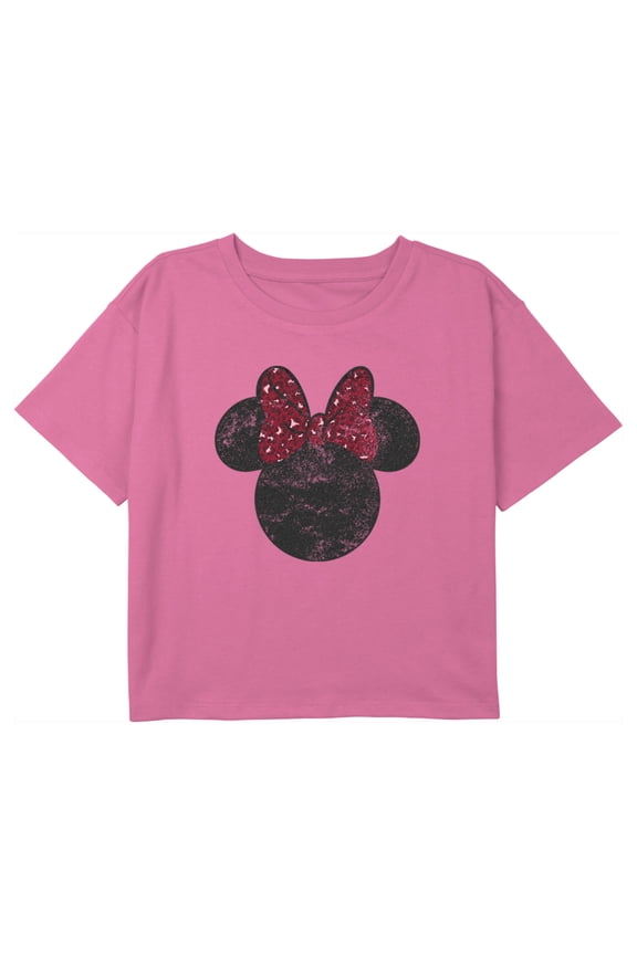 Girl's Mickey & Friends Minnie Mouse Distressed Red Leopard Bow Graphic Cropped T-Shirt Light Pink Medium