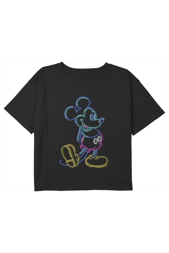 Girl's Mickey & Friends Neon Mickey Graphic Cropped T-Shirt Black Large