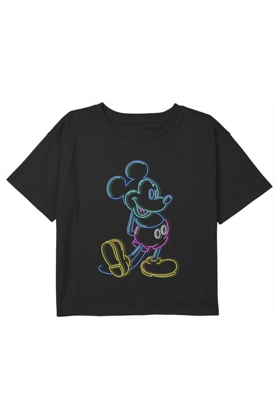 Girl's Mickey & Friends Neon Mickey Graphic Cropped T-Shirt Black Medium